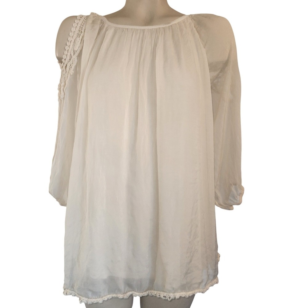 Bellambra Ivory SilkCrochet Lace Cold Shoulder Tunic Top Made in Italy M luxury